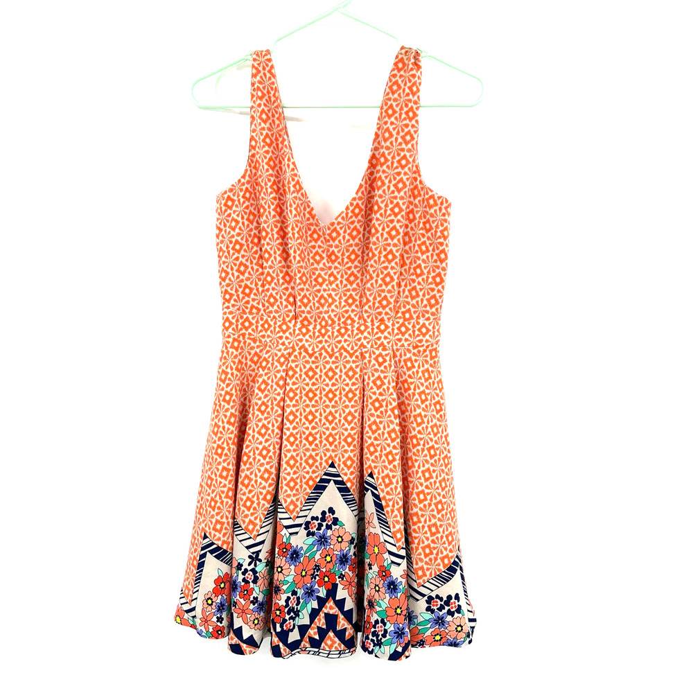 ark & co size small sleeveless dress orange white geometric print v neck & back